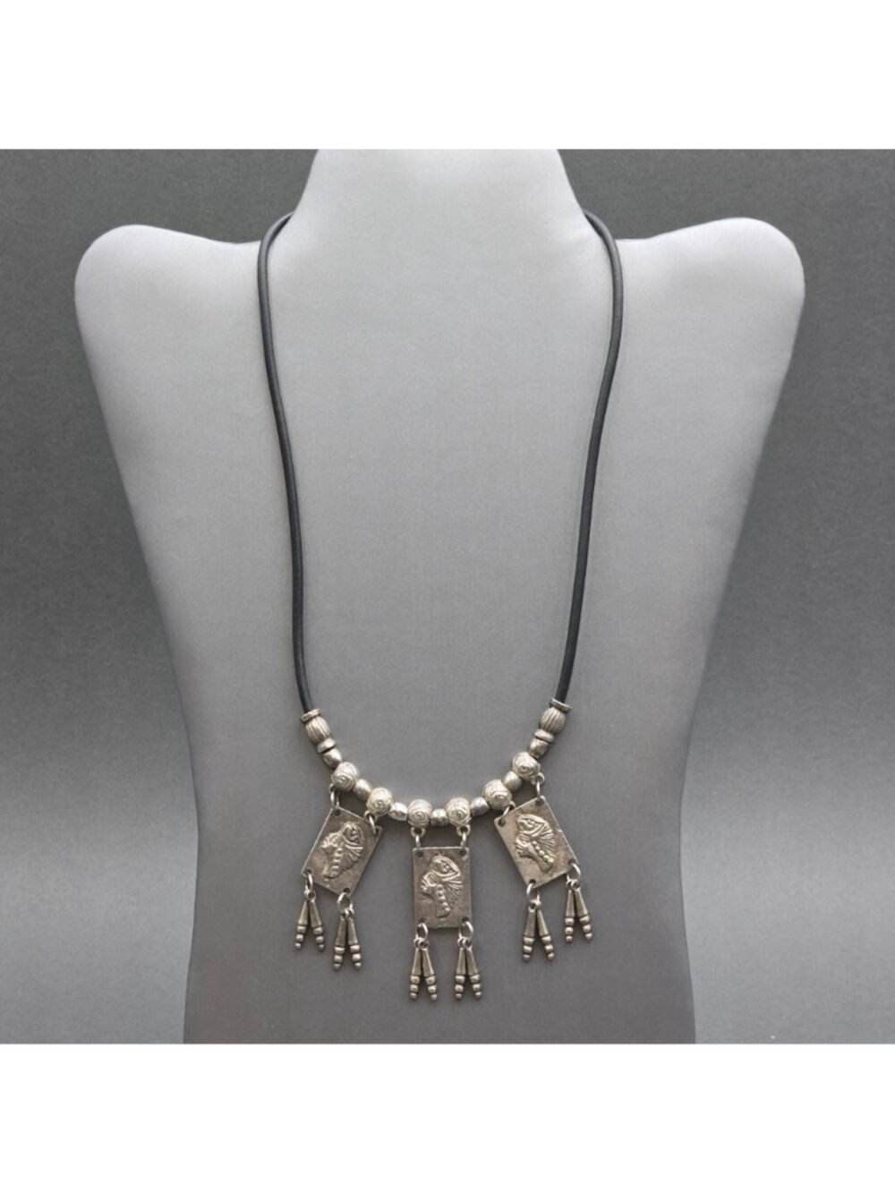 Vintage Tribal Panel Fringe Necklace Silver Tone Leather Cord Boho Statement - Picture 3 of 16